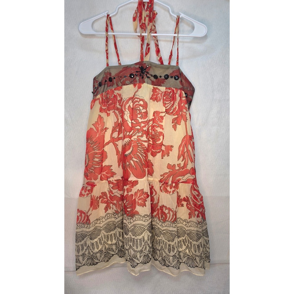 Buckle Red Floral Beaded Mesh Halter Babydoll Top Medium NWT Y2K Boho